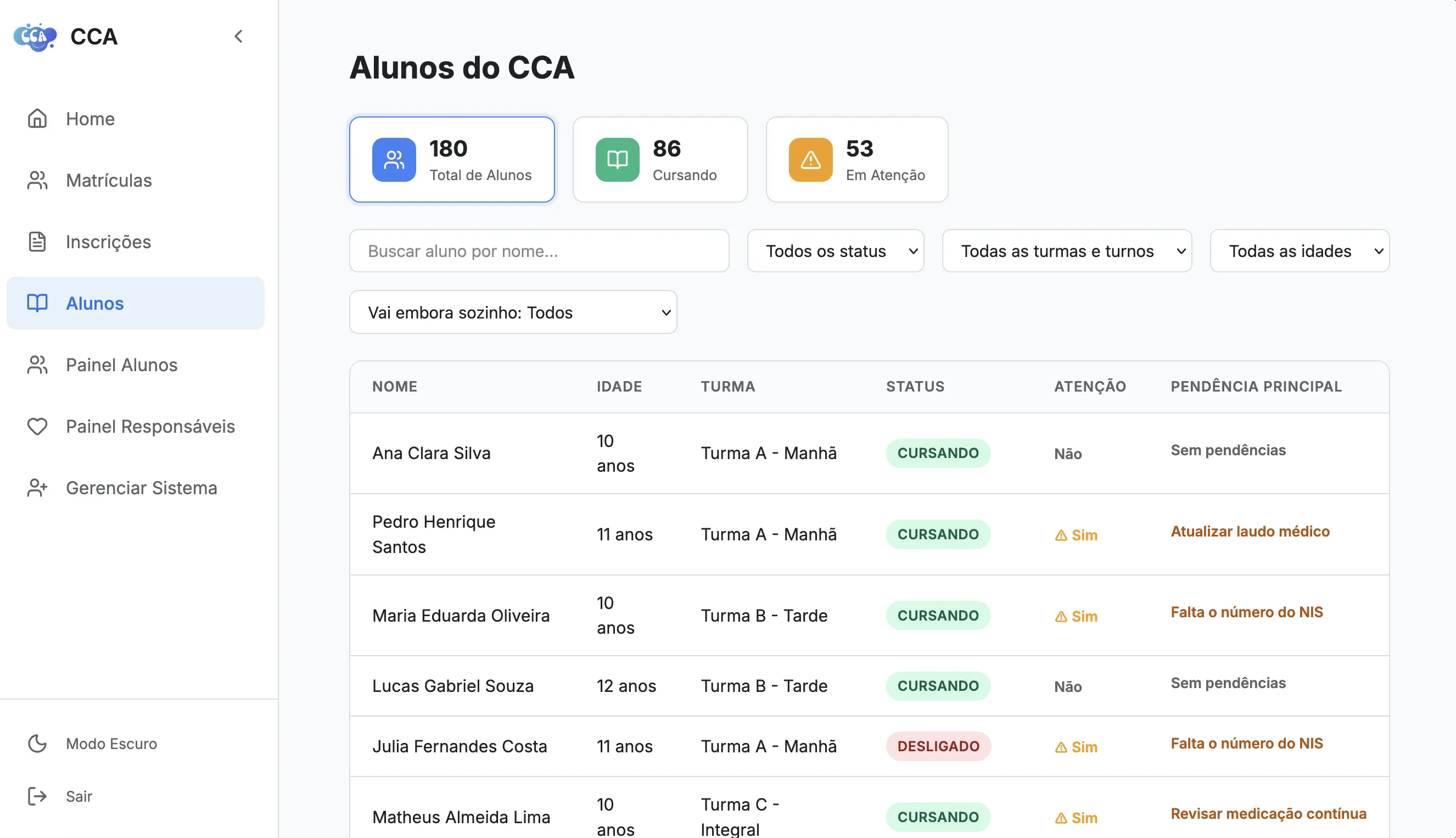 Sistema de Gestão Escolar — tela de alunos